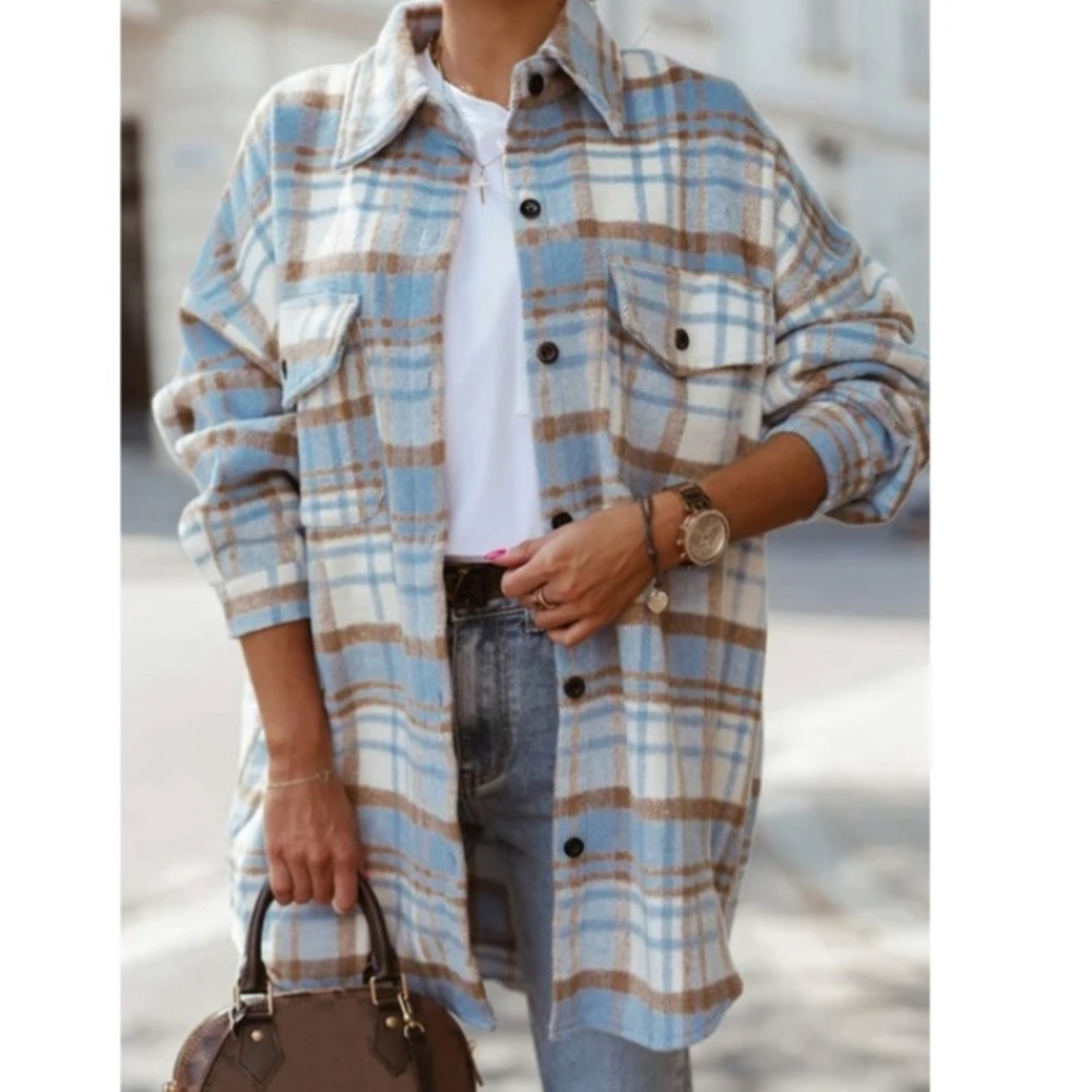 Flannel Plaid Button Down Shirt Medium Blue White Womens Long Sleeve Casual - Picture 2 of 5